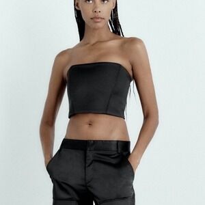 ZARA Black Satin Corset Bustier Crop Top Tube Top‎ Women's Size M